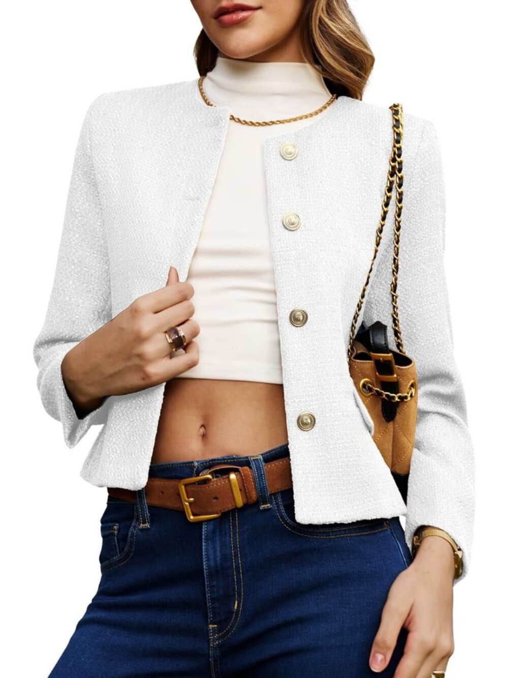 Chic Women's Cropped Tweed Blazer Jacket - Collarless, Button Down, Stylish Coat